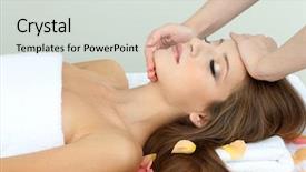  Presentation with salon - Slide set enhanced with beautiful young woman during facial massage in cosmetic salon close up background and a light gray colored foreground