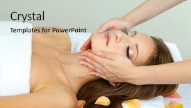  Presentation with salon - Colorful presentation theme enhanced with beautiful young woman during facial massage in cosmetic salon close up backdrop and a light gray colored foreground