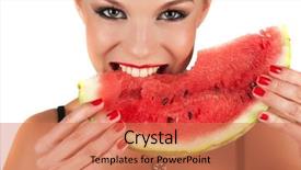  Presentation with eat - Colorful theme enhanced with beautiful young woman eat juicy watermelon over white backdrop and a coral colored foreground