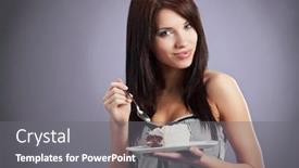  Presentation with eat - Amazing PPT layouts having beautiful young woman eat a slice of a sweet cake backdrop and a gray colored foreground