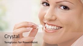  Presentation with chewing gum - Presentation theme with beautiful young woman eating chewing gum smiling background and a coral colored foreground