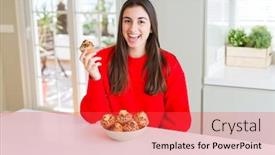  Presentation with muffins - Presentation theme featuring beautiful young woman eating chocolate chips muffins with a happy face standing and smiling with a confident smile showing teeth background and a red colored foreground