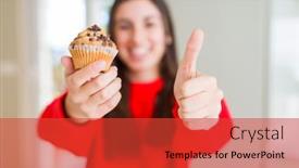  Presentation with muffin - Amazing PPT theme having beautiful young woman eating chocolate chips muffin happy with big smile doing ok sign thumb up with fingers excellent sign backdrop and a red colored foreground