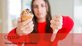  Presentation with muffin - Slide set enhanced with beautiful young woman eating chocolate chips muffin with angry face negative sign showing dislike with thumbs down rejection concept background and a red colored foreground