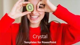  Presentation with kiwi - Presentation consisting of beautiful young woman eating half fresh green kiwi with happy face smiling doing ok sign with hand on eye looking through fingers background and a tawny brown colored foreground