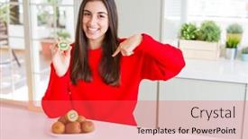  Presentation with kiwi - Presentation design with beautiful young woman eating half fresh green kiwi with surprise face pointing finger to himself background and a red colored foreground