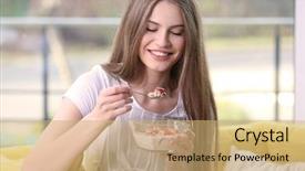  Presentation with oat milk - Audience pleasing presentation theme consisting of beautiful young woman eating oat backdrop and a yellow colored foreground