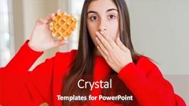  Presentation with sweet pastry - Cool new slide deck with beautiful young woman eating sweet belgian waffle pastry cover mouth with hand shocked with shame for mistake expression of fear scared in silence secret concept backdrop and a crimson colored foreground