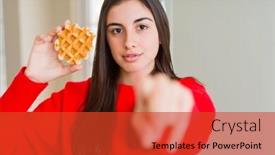 Presentation with sweet pastry - Cool new slide set with beautiful young woman eating sweet belgian waffle pastry pointing with finger to the camera and to you hand sign positive and confident gesture from the front backdrop and a red colored foreground