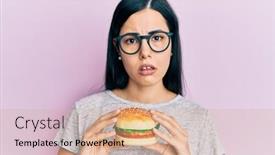  Presentation with hamburger - Amazing PPT theme having beautiful-young-woman-eating-tasty backdrop and a coral colored foreground