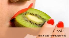  Presentation with kiwi - Beautiful presentation theme featuring beautiful young woman eating an kiwi isolated in white background backdrop and a coral colored foreground