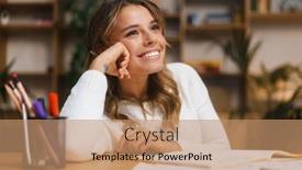  Presentation with woman office desk - Beautiful PPT theme featuring beautiful-young-woman-entrepreneur-working backdrop and a coral colored foreground