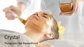  Presentation with spa salon - Beautiful presentation theme featuring beautiful young woman getting scrub mask in spa salon close up view backdrop and a soft green colored foreground