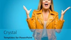  Presentation with wow - Slide set with beautiful young woman happy and surprised cheering expressing wow gesture blue background background and a cyan colored foreground