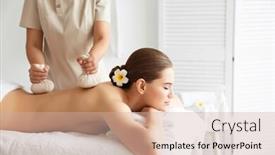  Presentation with herbal - Slides featuring beautiful young woman having back massage with herbal bags background and a soft green colored foreground