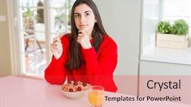  Presentation with healthy breakfast - Audience pleasing PPT theme consisting of beautiful young woman having healthy backdrop and a red colored foreground