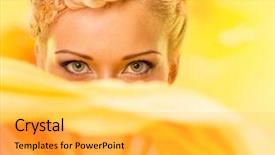  Presentation with iris flower yellow - Colorful PPT theme enhanced with beautiful young woman hiding behind big yellow flower backdrop and a yellow colored foreground