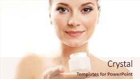  Presentation with holding hands old young - Beautiful presentation theme featuring beautiful young woman holding cream isolated on white backdrop and a lemonade colored foreground