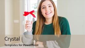  Presentation with red bow - Slide deck with beautiful young woman holding degree background and a coral colored foreground