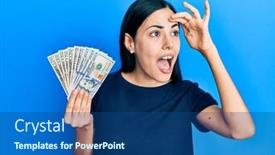  Presentation with far away - Beautiful PPT layouts featuring beautiful-young-woman-holding-dollars backdrop and a ocean colored foreground