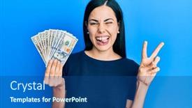  Presentation with victory - Slide set enhanced with beautiful-young-woman-holding-dollars background and a ocean colored foreground