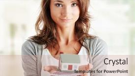  Presentation with white house - PPT theme enhanced with beautiful young woman holding euros background and a coral colored foreground