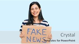  Presentation with fake news - PPT theme featuring beautiful-young-woman-holding-fake background and a coral colored foreground
