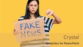  Presentation with fake news - Presentation theme having beautiful-young-woman-holding-fake background and a yellow colored foreground