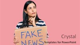  Presentation with fake news - Presentation design with beautiful-young-woman-holding-fake background and a coral colored foreground
