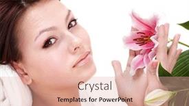  Presentation with flower beautiful lilac border - PPT theme having skincare body care spa - beautiful young woman holding flower background and a coral colored foreground