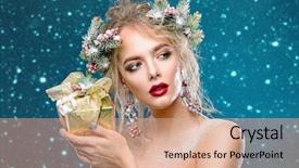  Presentation with christmas tree - Colorful PPT layouts enhanced with beautiful young woman holding gift backdrop and a coral colored foreground