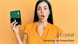  Presentation with hard disk - PPT layouts with beautiful-young-woman-holding-hard background and a yellow colored foreground