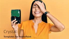  Presentation with hard disk - Presentation consisting of beautiful-young-woman-holding-hard background and a gold colored foreground