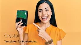  Presentation with hard disk - Theme enhanced with beautiful-young-woman-holding-hard background and a gold colored foreground