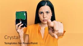  Presentation with hard disk - Cool new presentation theme with beautiful-young-woman-holding-hard backdrop and a gold colored foreground