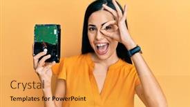  Presentation with hard disk - Amazing PPT theme having beautiful-young-woman-holding-hard backdrop and a gold colored foreground