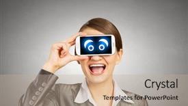  Presentation with eyes - Presentation featuring beautiful young woman holding mobile phone against her eyes and smiling background and a coral colored foreground