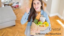 Presentation with paper bag - Presentation design consisting of beautiful young woman holding paper bag full of healthy groceries pointing and showing with thumb up to the side with happy face smiling background and a yellow colored foreground