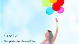 Presentation with blue balloons - PPT layouts enhanced with beautiful young woman holding in hand many colorful balloons on blue sky background summer time holiday fun concept background and a sky blue colored foreground