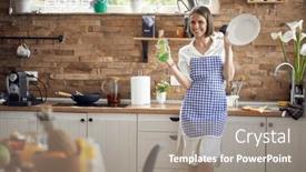  Presentation with dishwashing - Presentation theme with beautiful-young-woman-housewife-wearing background and a gray colored foreground