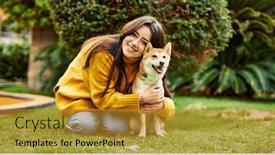  Presentation with dog park - PPT theme featuring beautiful-young-woman-hugging-happy background and a gold colored foreground