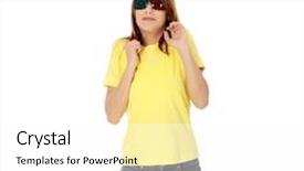  Presentation with cinema - Presentation theme with beautiful young woman in 3d cinema glasses isolated on white background background and a white colored foreground