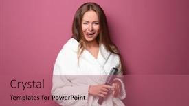  Presentation with hair color - Presentation theme with beautiful young woman in bathrobe with hair comb after shower on color background background and a coral colored foreground