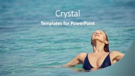  Presentation with resort - PPT theme having beautiful young woman in bikini bathing and splashing happily in the sea at the resort background and a teal colored foreground