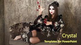  Presentation with kimono - Theme enhanced with beautiful young woman in black kimono dress on gray background background and a tawny brown colored foreground