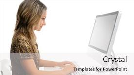  Presentation with computer - Slides with beautiful young woman in front background and a  colored foreground