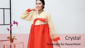  Presentation with traditional dancing - Amazing PPT theme having beautiful young woman in korean backdrop and a red colored foreground