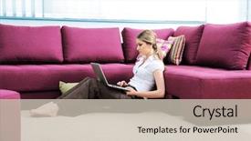  Presentation with beautiful young woman getting face - Colorful slide deck enhanced with beautiful young woman in living backdrop and a soft green colored foreground