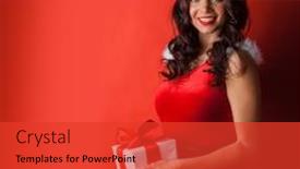  Presentation with santa - PPT theme featuring beautiful young woman in santa dress and hat celebrating christmas holding gift box background and a red colored foreground