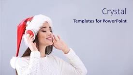  Presentation with christmas music - PPT theme with beautiful young woman in santa hat listening to christmas music on light background background and a lemonade colored foreground